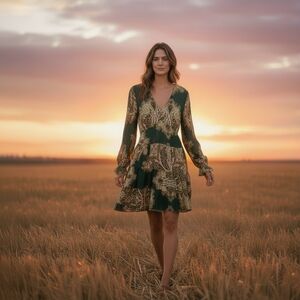 Emma & Michele Green and Gold Paisley Long Sleeve Babydoll Boho Shine Dress M